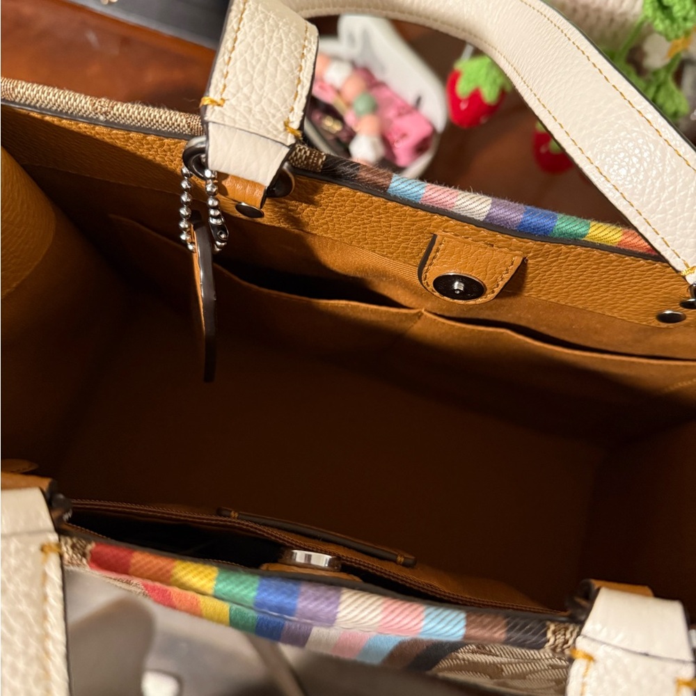 Coach Brown and White Tote with Rainbow Stripe - Picture 3 of 4